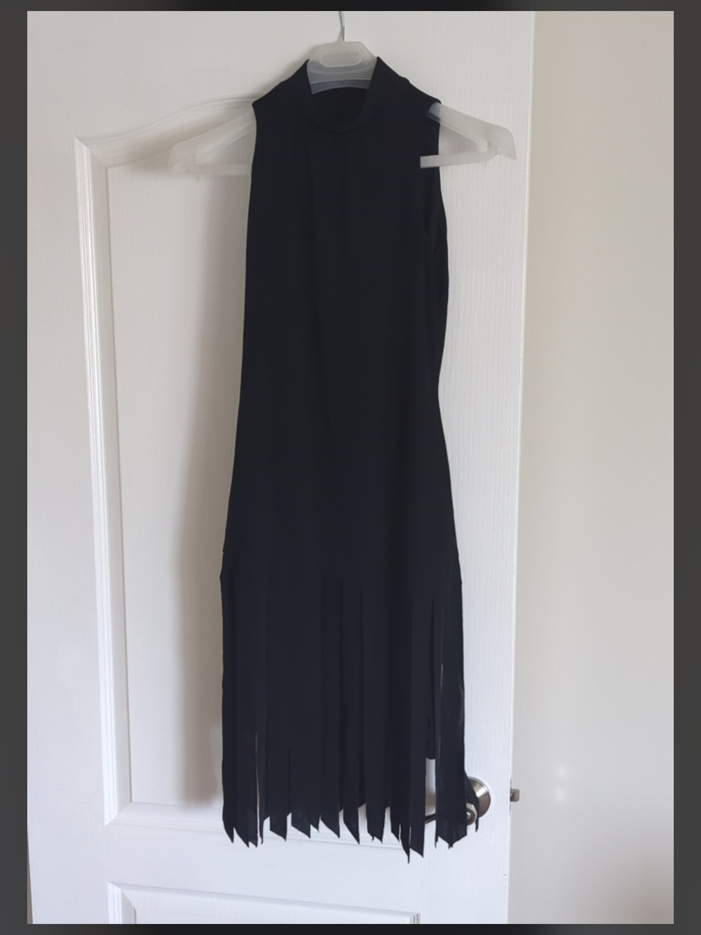 Vintage Citrine Black Sleeveless Mock Neck Fringe Midi Dress S